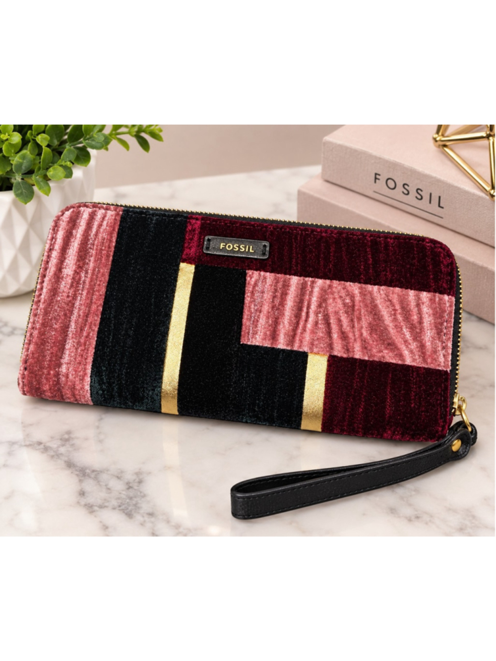 Fossil Ladies Jori Zip Clutch Purse Wallet Bright Velvet Patchwork READ $98